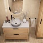 Modern naturel eiken badkamermeubel 100 cm met dubbele lade, vlak front en grijs limestone blad met witte waskom