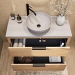 Modern naturel eiken badkamermeubel 100 cm met dubbele lade, vlak front en grijs limestone blad met witte waskom