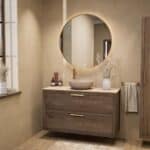 Modern donker eiken badkamermeubel 120 cm met dubbele lade, vlak front en limestone blad met één waskom