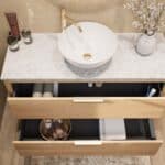 Modern eiken wastafelmeubel 120 cm met twee lades, vlak front en marmer blad met één waskom