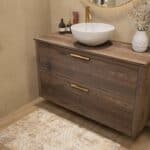 Modern naturel eiken badmeubel 120 cm met dubbele lade, vlak front en eiken blad met één waskom