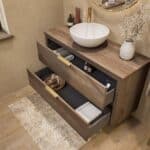 Modern naturel eiken badmeubel 120 cm met dubbele lade, vlak front en eiken blad met één waskom