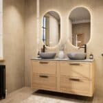 Modern naturel eiken badkamermeubel 140 cm met dubbele lade, vlak front en grijs limestone blad met witte waskom