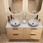 Modern naturel eiken badkamermeubel 140 cm met dubbele lade, vlak front en grijs limestone blad met witte waskom