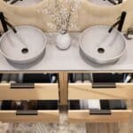 Modern naturel eiken badkamermeubel 140 cm met dubbele lade, vlak front en grijs limestone blad met witte waskom