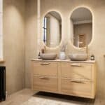 Hangend naturel eiken badkamermeubel 140 cm met dubbele lade en limestone blad met witte waskom