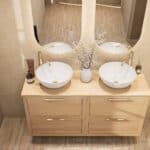 Modern naturel eiken badkamermeubel 140 cm met dubbele lade, vlak front en massief eiken blad met witte waskom