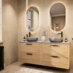 Modern naturel eiken badkamermeubel 160 cm met dubbele lade, vlak front en grijs limestone blad met witte waskom