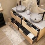 Modern naturel eiken badkamermeubel 160 cm met dubbele lade, vlak front en grijs limestone blad met witte waskom