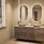 Hangend donker eiken badkamermeubel 160 cm met dubbele lade en limestone blad met witte waskom