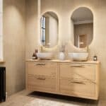 Modern naturel eiken badkamermeubel 160 cm met dubbele lade, vlak front en massief eiken blad met witte waskom