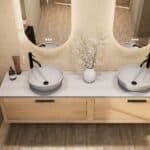 Modern naturel eiken badkamermeubel 200 cm met enkele lade, vlak front en grijs limestone blad met witte waskom