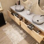 Modern naturel eiken badkamermeubel 200 cm met enkele lade, vlak front en grijs limestone blad met witte waskom