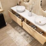 Hangend naturel eiken badkamermeubel 200 cm met één lade, vlak front en solid surface met 2 waskommen
