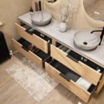 Modern naturel eiken badkamermeubel 200 cm met dubbele lade, vlak front en grijs limestone blad met witte waskom