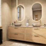 Hangend naturel eiken badkamermeubel 200 cm met dubbele lade en limestone blad met witte waskom