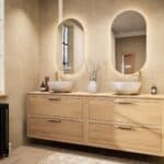 Modern naturel eiken badkamermeubel 200 cm met dubbele lade, vlak front en massief eiken blad met witte waskom