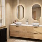 Modern wastafelmeubel 200 cm massief naturel eiken met twee lades en solid surface met 2 waskommen