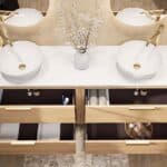 Modern wastafelmeubel 200 cm massief naturel eiken met twee lades en solid surface met 2 waskommen