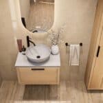 Modern naturel eiken badkamermeubel 70 cm met enkele lade, vlak front en grijs limestone blad met witte waskom