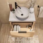 Modern naturel eiken badkamermeubel 70 cm met enkele lade, vlak front en grijs limestone blad met witte waskom