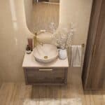 Hangend donker eiken badkamermeubel 70 cm met enkele lade en limestone blad met witte waskom