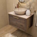 Hangend donker eiken badkamermeubel 70 cm met enkele lade en limestone blad met witte waskom