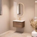 Massief donker eiken badkamermeubel van 70 cm uit de Kingswood-serie, uitgevoerd met één ruime lade en inclusief een bijpassende keramische wastafel.