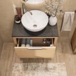 Hangend naturel eiken badkamermeubel 70 cm met enkele lade en granieten blad met witte waskom