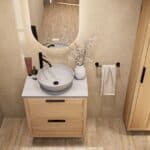 Modern naturel eiken badkamermeubel 70 cm met dubbele lade, vlak front en grijs limestone blad met witte waskom
