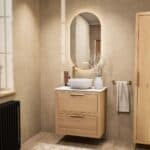 Hangend naturel eiken wastafelmeubel 70 cm met twee lades, vlak front en solid surface waskom