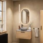 Modern naturel eiken badkamermeubel 80 cm met enkele lade, vlak front en grijs limestone blad met witte waskom