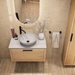Modern naturel eiken badkamermeubel 80 cm met enkele lade, vlak front en grijs limestone blad met witte waskom