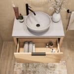 Modern naturel eiken badkamermeubel 80 cm met enkele lade, vlak front en grijs limestone blad met witte waskom
