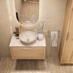 Hangend naturel eiken badkamermeubel 80 cm met enkele lade en limestone blad met witte waskom
