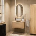 Modern naturel eiken badkamermeubel 80 cm met enkele lade, vlak front en massief eiken blad met witte waskom