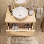 Modern naturel eiken badkamermeubel 80 cm met enkele lade, vlak front en massief eiken blad met witte waskom