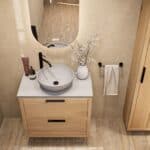 Modern naturel eiken badkamermeubel 80 cm met dubbele lade, vlak front en grijs limestone blad met witte waskom