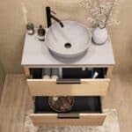 Modern naturel eiken badkamermeubel 80 cm met dubbele lade, vlak front en grijs limestone blad met witte waskom
