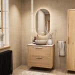 Hangend naturel eiken badkamermeubel 80 cm met dubbele lade en limestone blad met witte waskom