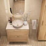 Hangend naturel eiken badkamermeubel 80 cm met dubbele lade en limestone blad met witte waskom