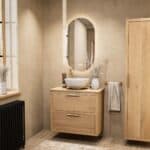 Modern naturel eiken badkamermeubel 80 cm met dubbele lade, vlak front en massief eiken blad met witte waskom