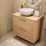 Modern naturel eiken badkamermeubel 80 cm met dubbele lade, vlak front en massief eiken blad met witte waskom