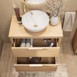 Modern naturel eiken badkamermeubel 80 cm met dubbele lade, vlak front en massief eiken blad met witte waskom