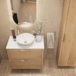 Hangend modern badmeubel 80 cm in naturel eiken met dubbele lade en solid surface met witte waskom
