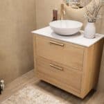 Hangend modern badmeubel 80 cm in naturel eiken met dubbele lade en solid surface met witte waskom