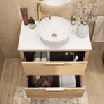 Hangend modern badmeubel 80 cm in naturel eiken met dubbele lade en solid surface met witte waskom