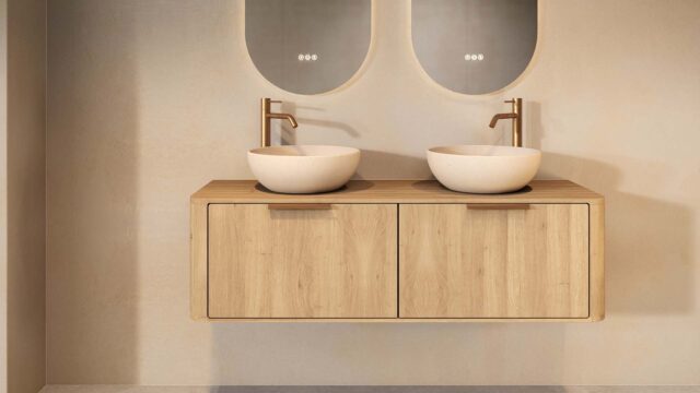 Rond hangend naturel eiken badkamermeubel 140 cm met vlak front, eiken blad en beige limestone waskom