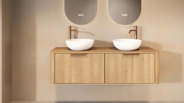 Rond hangend naturel eiken badkamermeubel 140 cm met vlak front, eiken blad en witte solid surface waskom