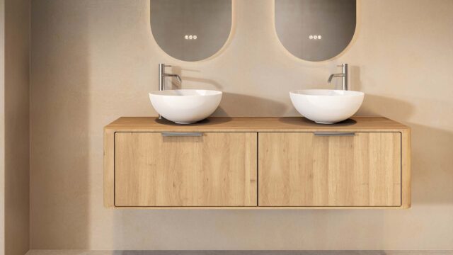 Rond hangend naturel eiken badkamermeubel 160 cm met vlak front, eiken blad en glanzend witte keramische waskom